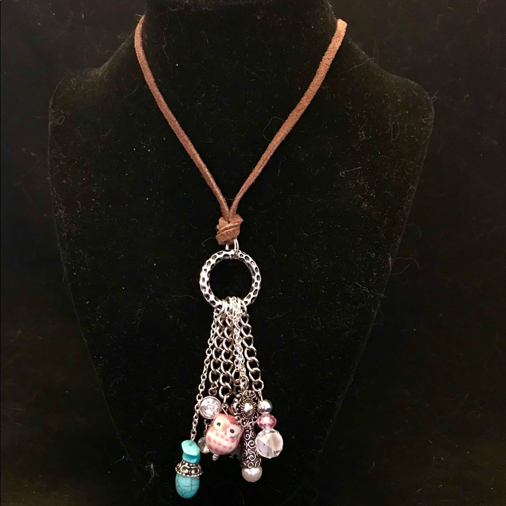 Owl Tassel Necklace on Leather Cord
